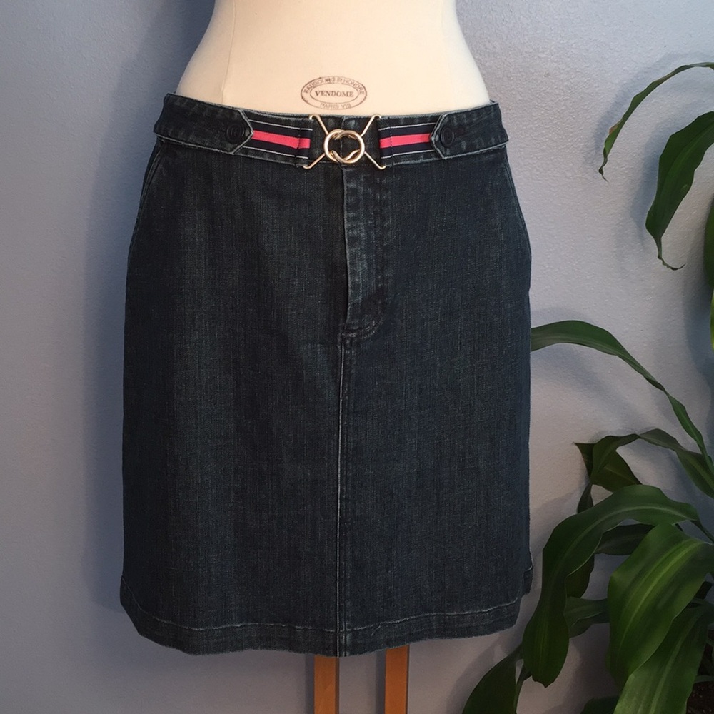Talbots Dark Denim Skirt with Pink and Black Accent Belt
